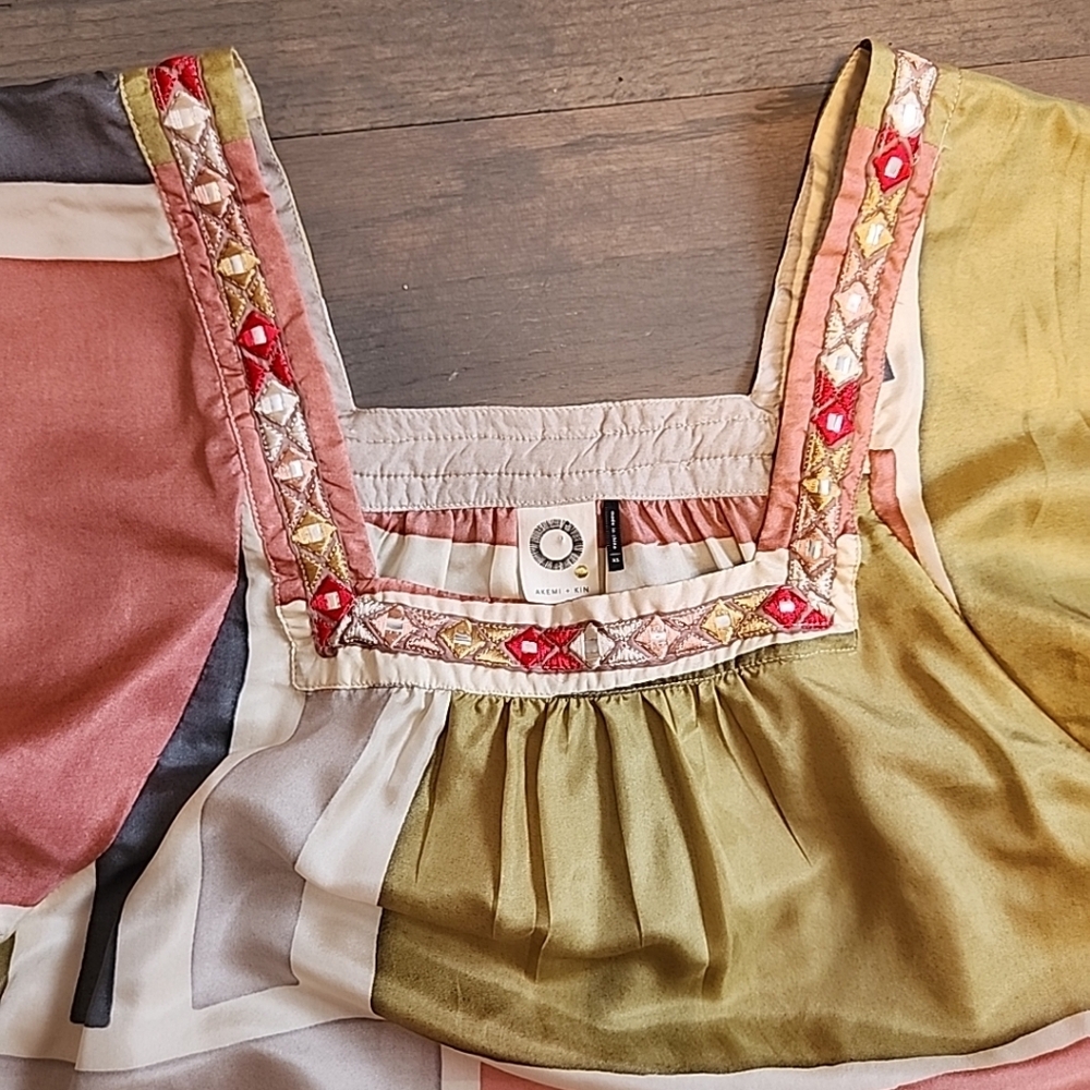 Akemi + Kin Blouse Anthropologie Geometric Multicolor with Embroidery Women's XS - Picture 4 of 8